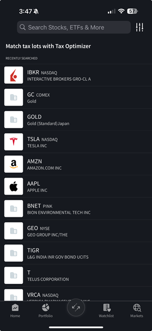 The tax optimizer closing stocks on the iPhone